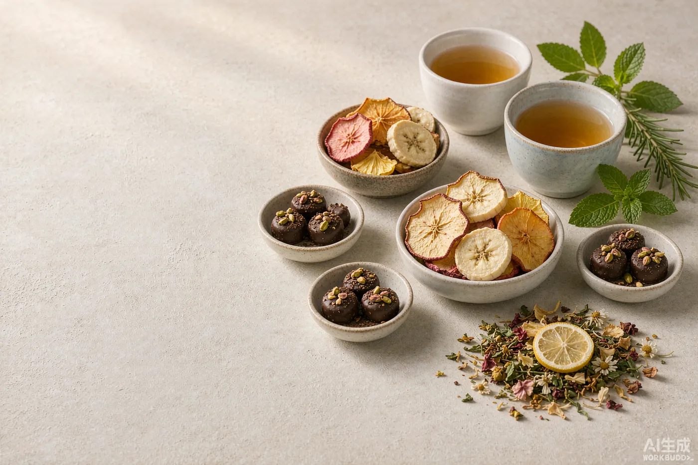 Freeze-dried fruit crisps, pistachio chocolate bites and herbal tea